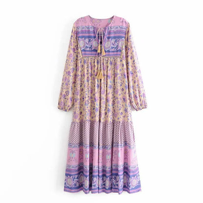 AYUALIN long sleeve beach boho tunic Dress Rayon cotton floral pirnt loose long dresses women vintage autumn robe vestidos 2021