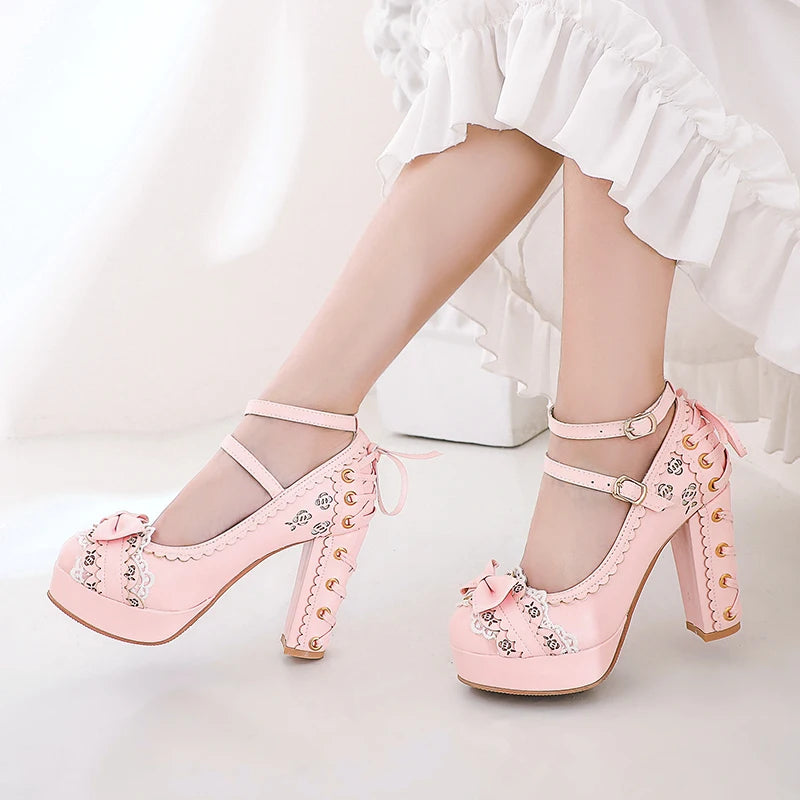 Spring Autumn Ladies Vintage Super High Heels Platform Lolita Shoes Cute Bow Lace Princess Mary Janes Party Buckle Women Pumps