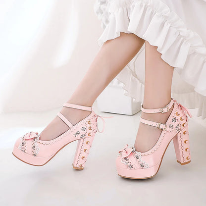 Spring Autumn Ladies Vintage Super High Heels Platform Lolita Shoes Cute Bow Lace Princess Mary Janes Party Buckle Women Pumps