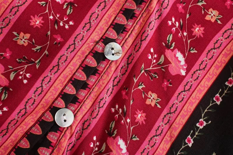 Bohemia Bandage Open Buttons V Neck Floral Print Shirt Holiday Women Contrast Color Long Sleeve Blouse Tops Beach