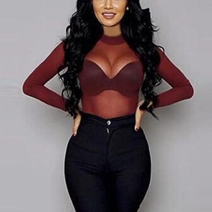2025 Sexy Women Blouses See Through Transparent Mesh Stand Neck Long Sleeve Sheer Blouse Shirt Ladies Tops Tee