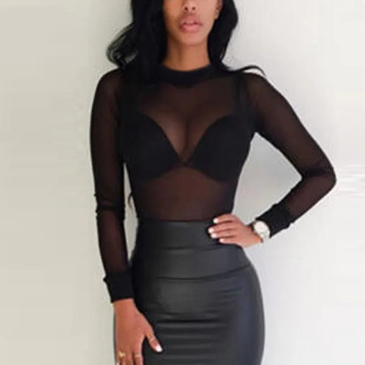 2025 Sexy Women Blouses See Through Transparent Mesh Stand Neck Long Sleeve Sheer Blouse Shirt Ladies Tops Tee