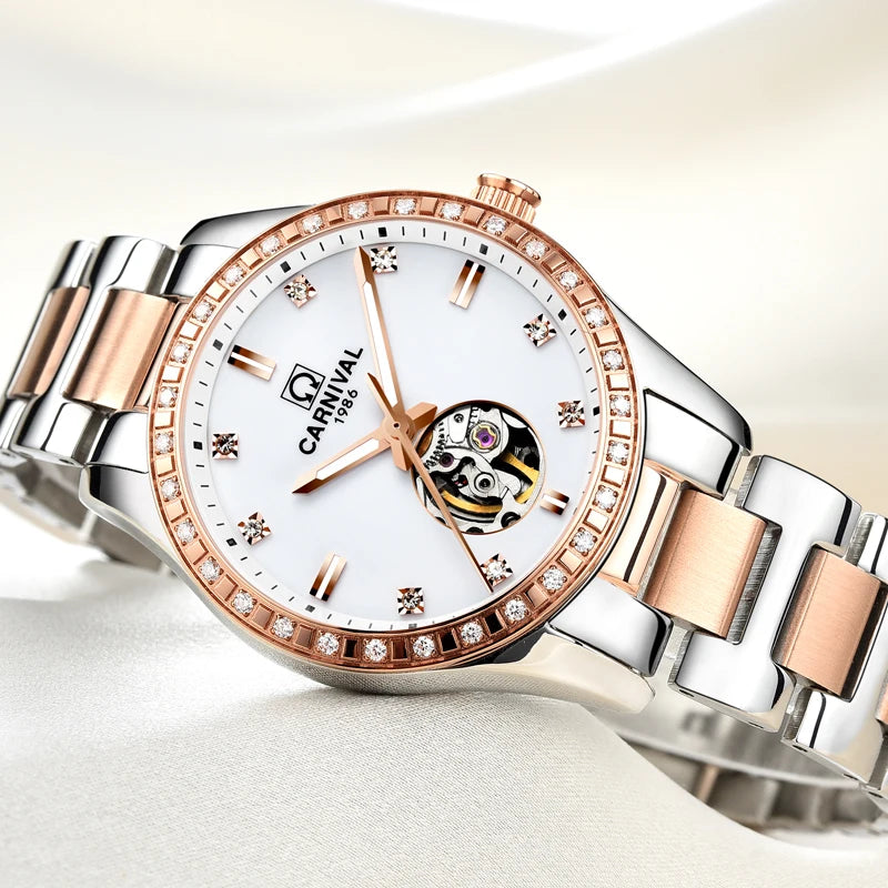 Switzerland CARNIVAL Luxury Brand Automatic Mechanical Sapphire Women's Watches Waterproof Dual Skeleton Luminous C8685L-15
