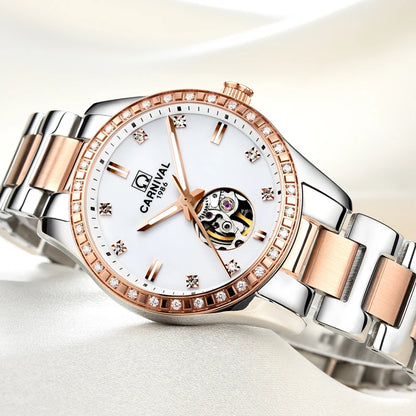 Switzerland CARNIVAL Luxury Brand Automatic Mechanical Sapphire Women's Watches Waterproof Dual Skeleton Luminous C8685L-15