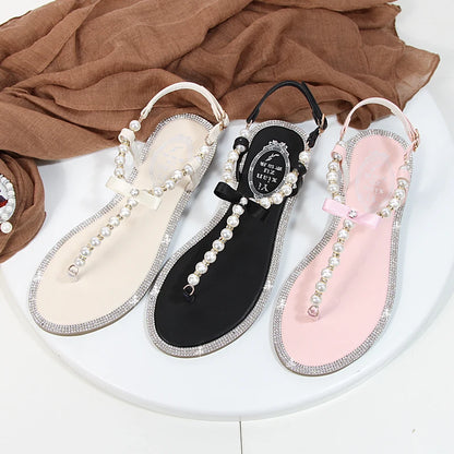 Women sandals 2025 new summer shoes flat pearl sandals comfortable string bead beach slippers casual sandals pink white black