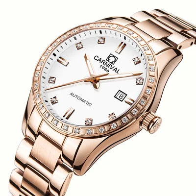 Switzerland CARNIVAL Luxury Brand Automatic Mechanical Sapphire Women's Watches Waterproof Dual Skeleton Luminous C8685L-15