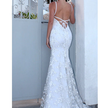 Women Party Long Dress Summer White Sexy Lace Dress V Neck Backless Lace Up Maxi Bodycon Dresses Vestidos verano 2026 Gift