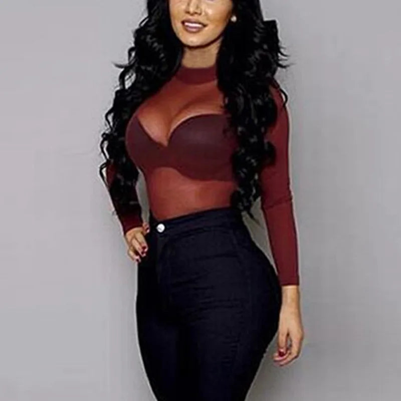 2025 Sexy Women Blouses See Through Transparent Mesh Stand Neck Long Sleeve Sheer Blouse Shirt Ladies Tops Tee