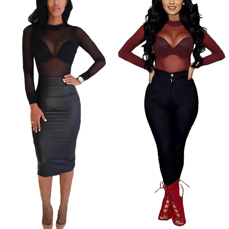 2025 Sexy Women Blouses See Through Transparent Mesh Stand Neck Long Sleeve Sheer Blouse Shirt Ladies Tops Tee