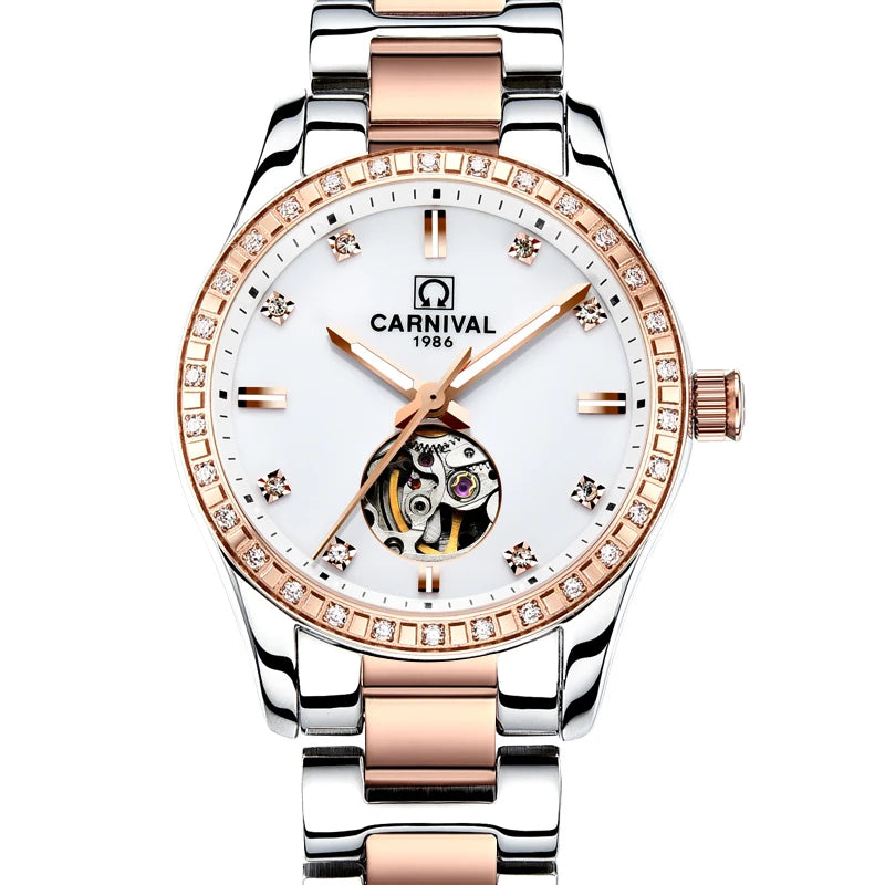 Switzerland CARNIVAL Luxury Brand Automatic Mechanical Sapphire Women's Watches Waterproof Dual Skeleton Luminous C8685L-15
