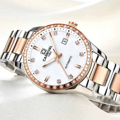Switzerland CARNIVAL Luxury Brand Automatic Mechanical Sapphire Women's Watches Waterproof Dual Skeleton Luminous C8685L-15