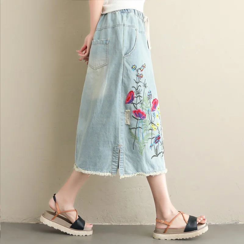 Women's Floral-Embroidered Denim Skirt