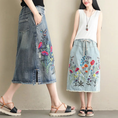 Women's Floral-Embroidered Denim Skirt