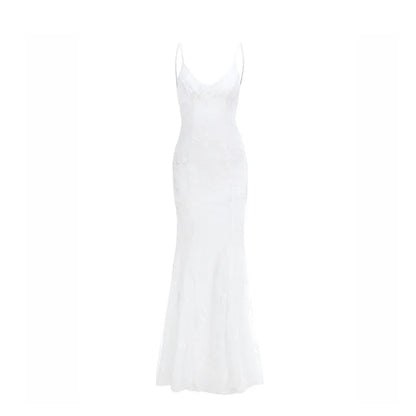 Women Party Long Dress Summer White Sexy Lace Dress V Neck Backless Lace Up Maxi Bodycon Dresses Vestidos verano 2026 Gift