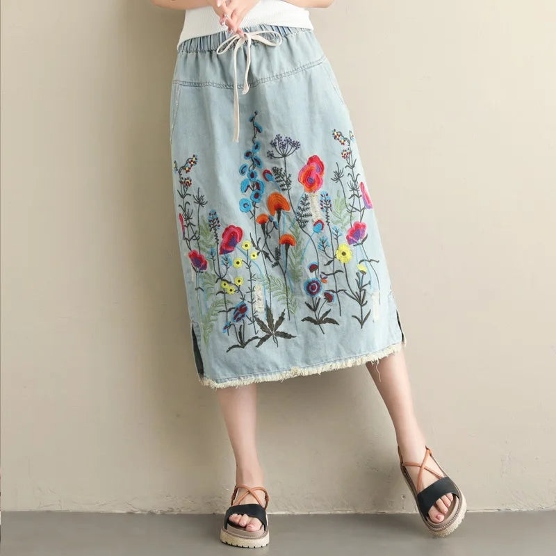 Women's Floral-Embroidered Denim Skirt