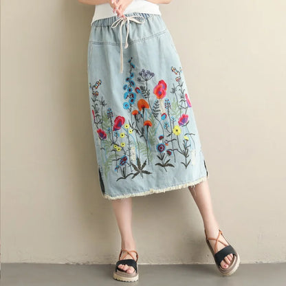 Women's Floral-Embroidered Denim Skirt
