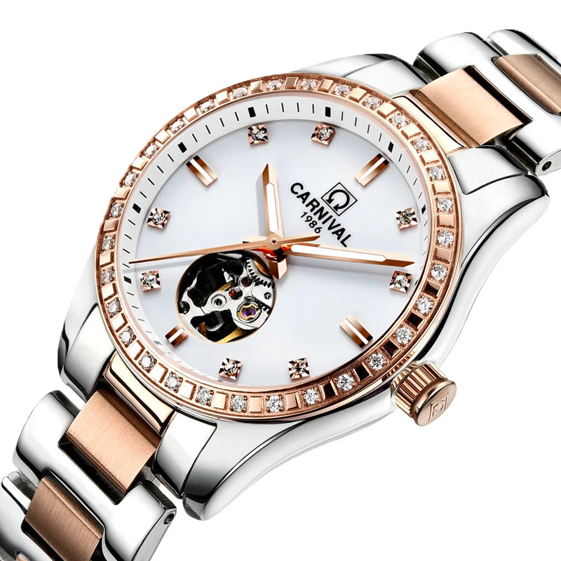 Switzerland CARNIVAL Luxury Brand Automatic Mechanical Sapphire Women's Watches Waterproof Dual Skeleton Luminous C8685L-15