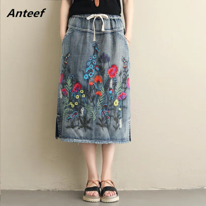 Women's Floral-Embroidered Denim Skirt