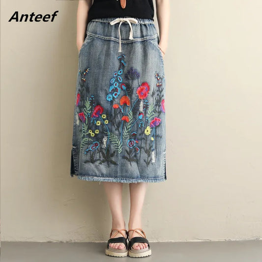 Women's Floral-Embroidered Denim Skirt