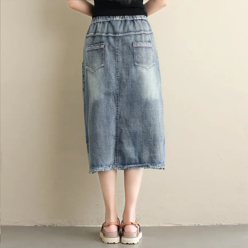 Women's Floral-Embroidered Denim Skirt