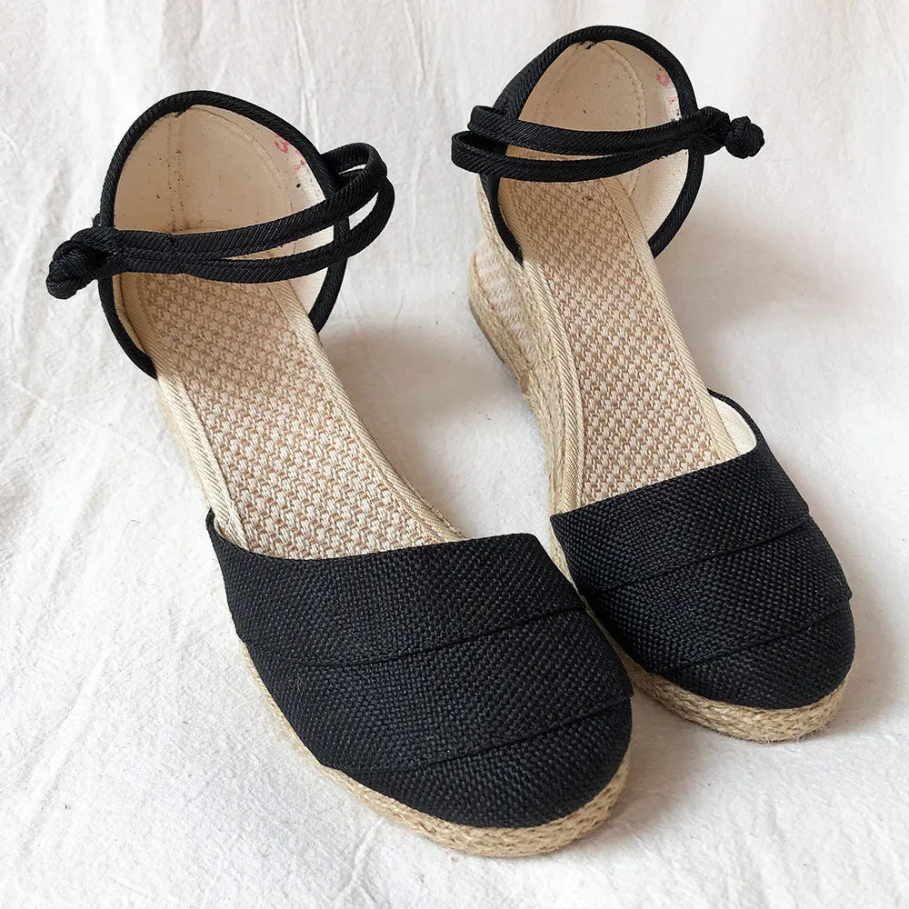 Veowalk Patchwork Handmade Women Plain Linen Sandals Wedge Espadrilles 6cm Platforms Bohemian Shoes Women Ladies Summer Pumps