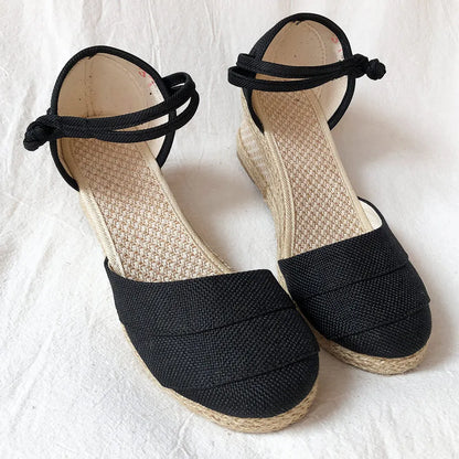 Veowalk Patchwork Handmade Women Plain Linen Sandals Wedge Espadrilles 6cm Platforms Bohemian Shoes Women Ladies Summer Pumps