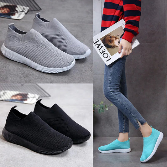 Dropshipping Women Sneakers Female Knitted Vulcanized Shoes Ladies Flat Shoe Mesh Trainers Soft Walking Footwear Zapatos Mujer