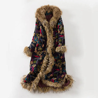 Women's Ethnic Style Winter Coat with Fur Collar - Long Vintage Cotton Jacket, Cotton Linen Windbreaker, Dust Coat (f1859)