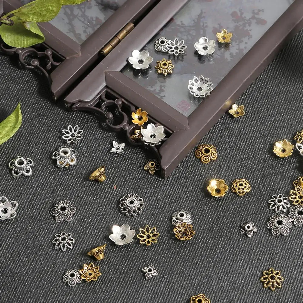 50pcs Tibetan Antique Silver Color Gold Leaf Flower Bead End Caps For Jewelry Making Needlework Spacer Bead Caps DIY Accessories
