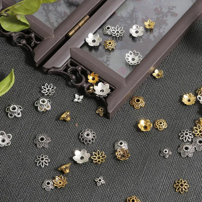 50pcs Tibetan Antique Silver Color Gold Leaf Flower Bead End Caps For Jewelry Making Needlework Spacer Bead Caps DIY Accessories