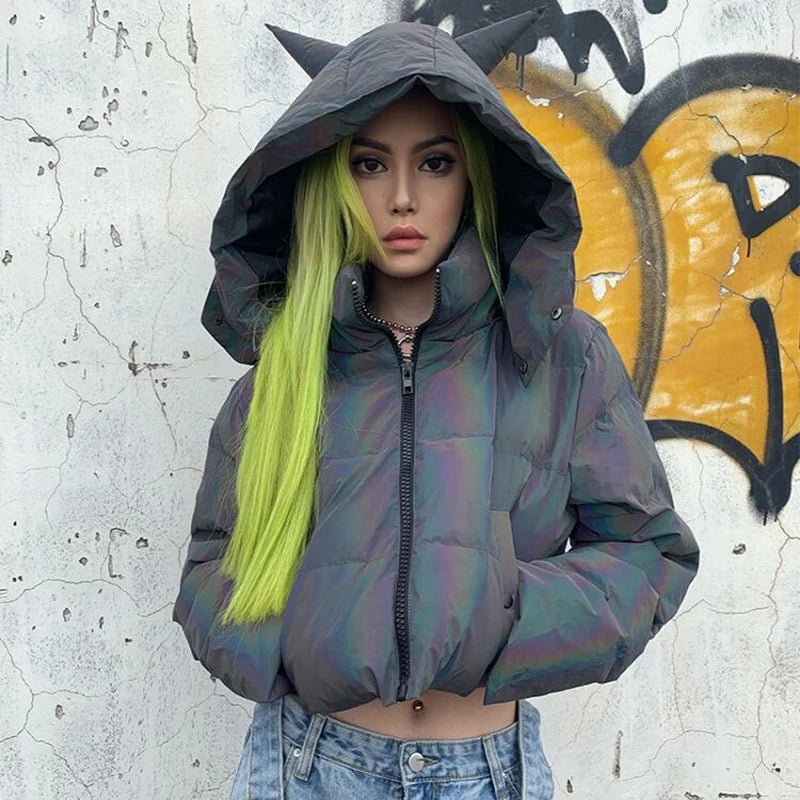 Drop Shipping New 2026 Winter Rainbow Reflective Jackets Women Warm Coat Girl Crop Jacket Hooded Short Top Reflect Outerwear