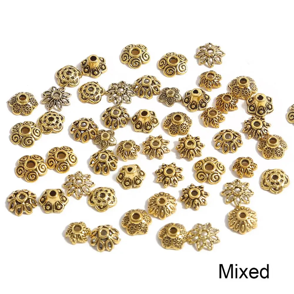 50pcs Tibetan Antique Silver Color Gold Leaf Flower Bead End Caps For Jewelry Making Needlework Spacer Bead Caps DIY Accessories