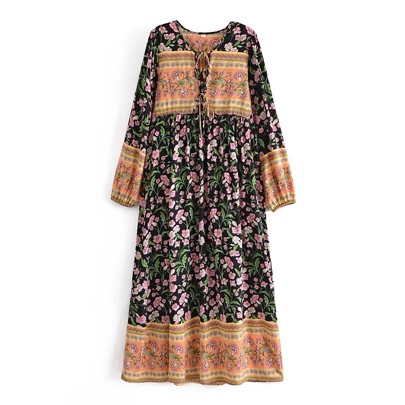 AYUALIN long sleeve beach boho tunic Dress Rayon cotton floral pirnt loose long dresses women vintage autumn robe vestidos 2021