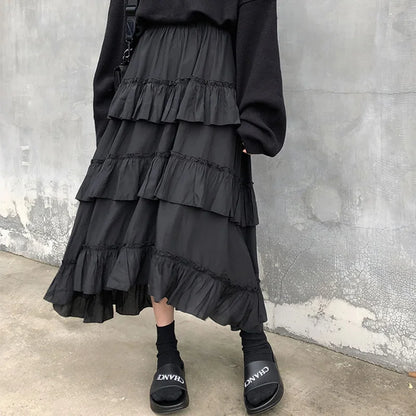 Qiukichonson Midi Long Skirts Womens Maxi Skirt Goth Lolita Summer High Waisted Asymmetrical High Low Ruched Ruffle Skirts rok