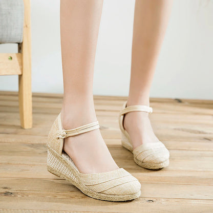 Veowalk Patchwork Handmade Women Plain Linen Sandals Wedge Espadrilles 6cm Platforms Bohemian Shoes Women Ladies Summer Pumps