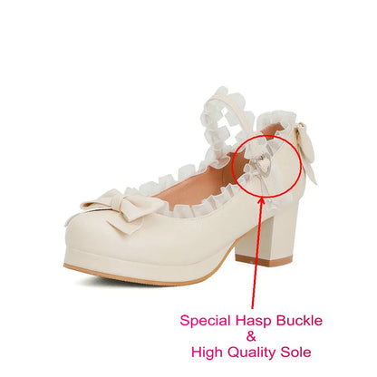 Bow & Ruffle Mary Jane Block-Heel Shoes