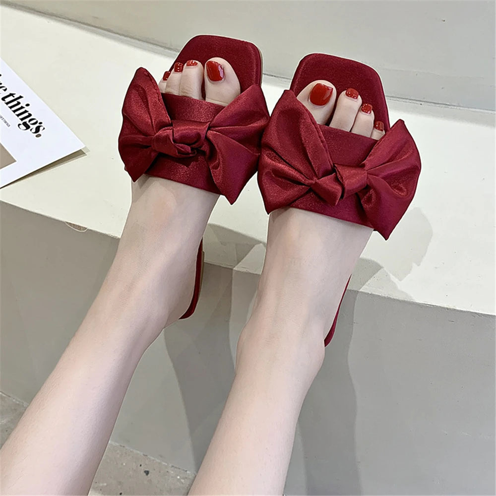 New Fashion Satins Wedding Slippers Luxury Women Peep Toe Bedroom Home Sandals Bride Bridesmaid Wedding Shoes With Silk Bow