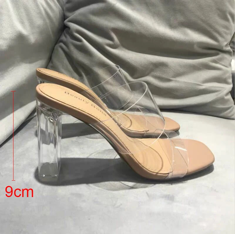 Summer Women Pumps Sandals 9cm Jelly Slippers Sexy Open Square Toe High Heels Women Transparent Slippers Shoe Heel Clear Sandals