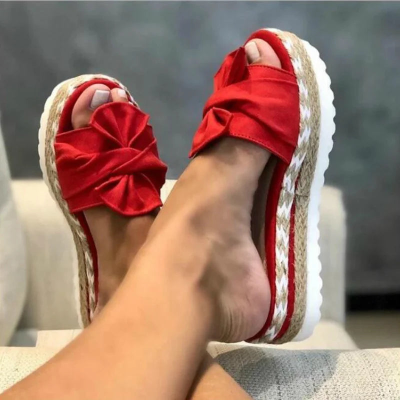 Women Slippers Summer 2023 Platform Wedges Mid Heels Bow Tie Peep Toe Fashion Slides Beach Outdoor Ladies Shoes Zapatos De Mujer