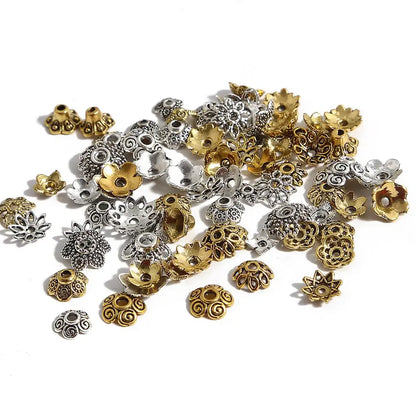 50pcs Tibetan Antique Silver Color Gold Leaf Flower Bead End Caps For Jewelry Making Needlework Spacer Bead Caps DIY Accessories