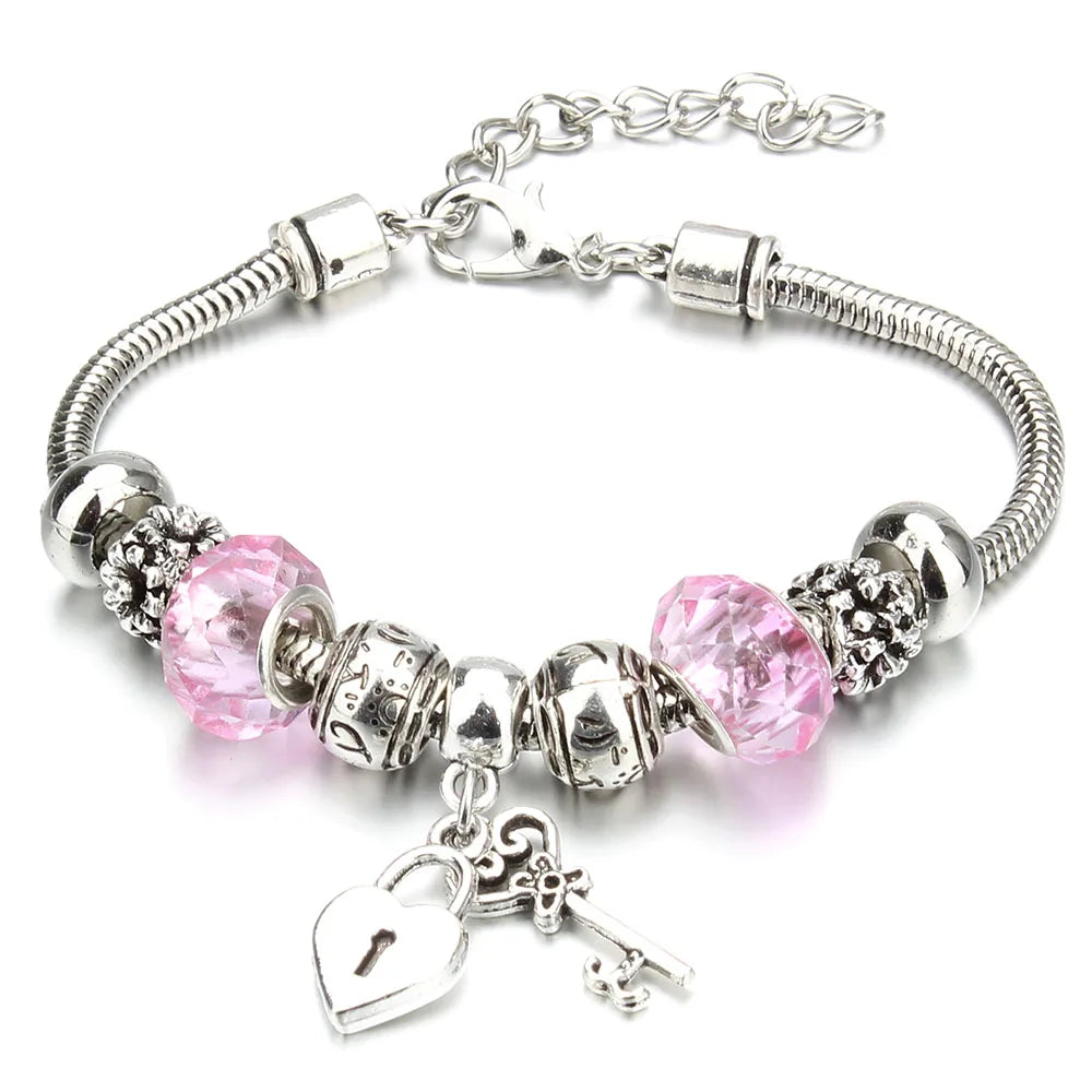 Charm Bracelet & Bangles Jewelry 6 Color Clay Zircon Ball Crown key lock Shape Beads Bracelets For Women Girl Friendship Gift