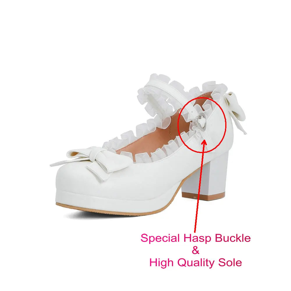 Bow & Ruffle Mary Jane Block-Heel Shoes