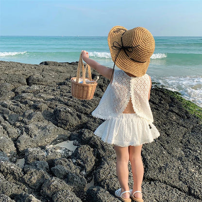 Girls Outfit Set 2026 Summer Clothing Sets Hollow Lace Suit Baby Casual Sleeveless T-shirt+Shorts Kids Clothes Sets Baby Clothes