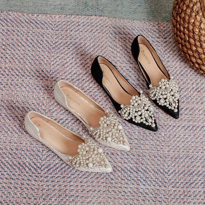 Designer Beads Wedding Shoes Women 2026 Lace Embroider Flats Woman Ballerina Pointed Toe Pearl Loafers Sneakers Plus Size 35-43