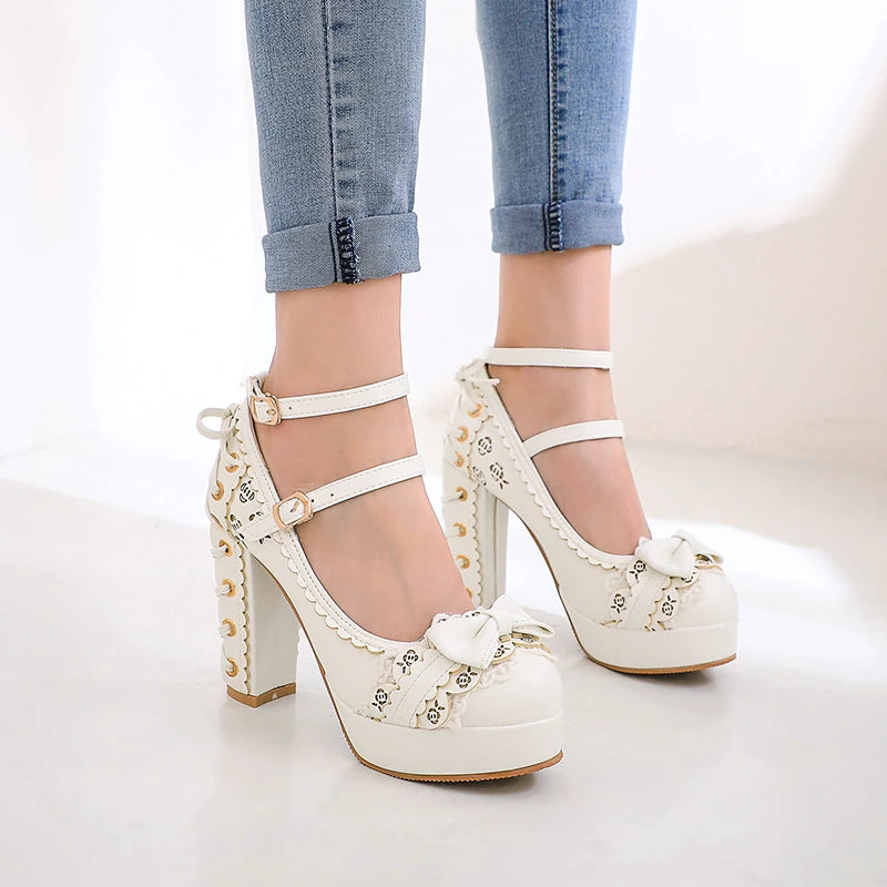 Spring Autumn Ladies Vintage Super High Heels Platform Lolita Shoes Cute Bow Lace Princess Mary Janes Party Buckle Women Pumps