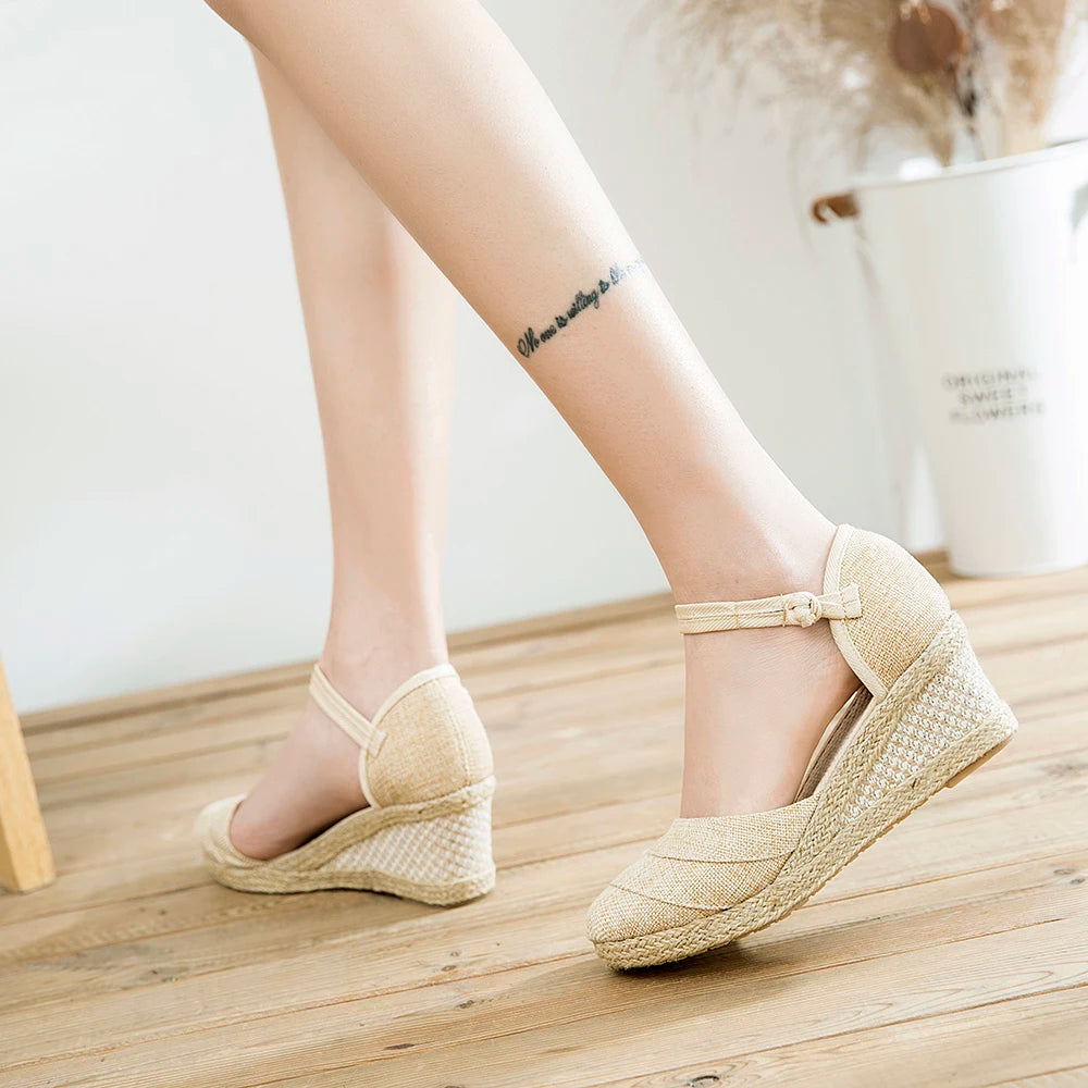 Veowalk Patchwork Handmade Women Plain Linen Sandals Wedge Espadrilles 6cm Platforms Bohemian Shoes Women Ladies Summer Pumps