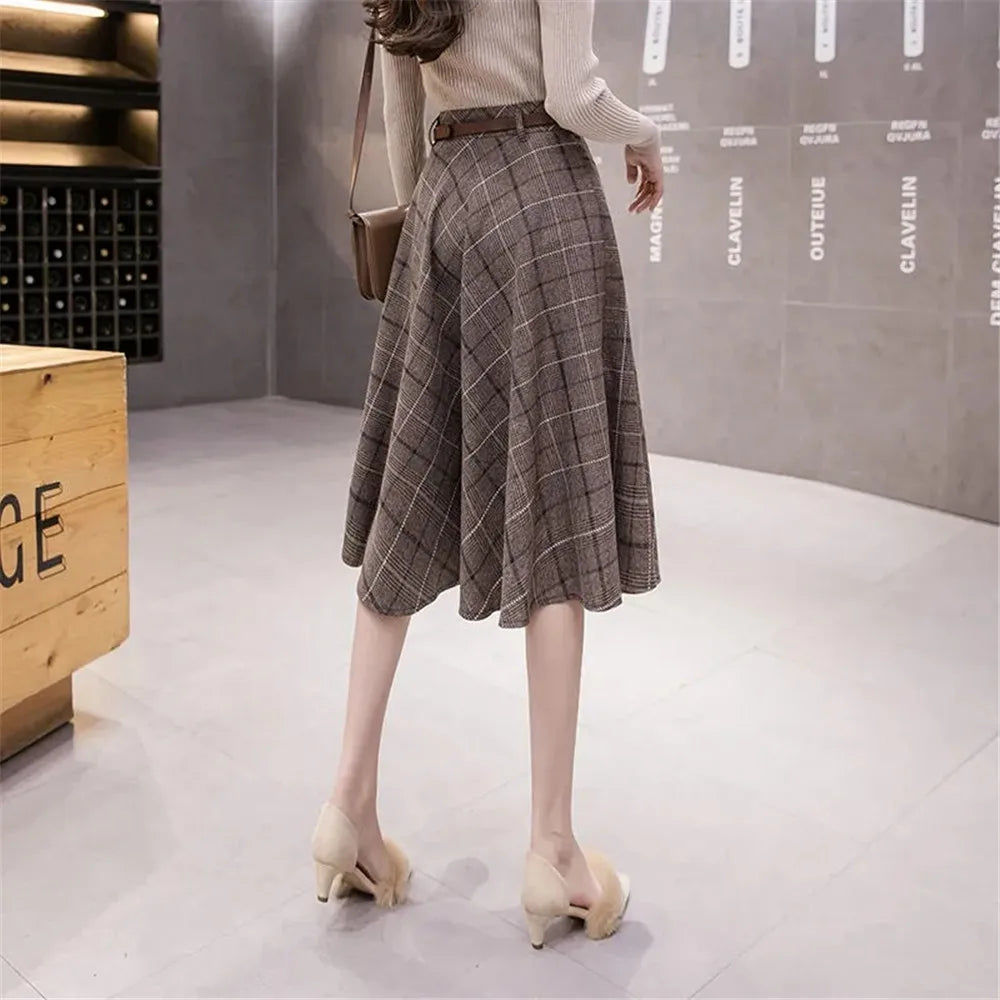 Autumn Winter Warm Vintage Plaid Midi Skirt Women Korean High-Waisted A-Line Skirt Temperament Umbrella Long Skirt With Belt