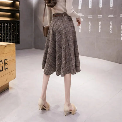 Autumn Winter Warm Vintage Plaid Midi Skirt Women Korean High-Waisted A-Line Skirt Temperament Umbrella Long Skirt With Belt