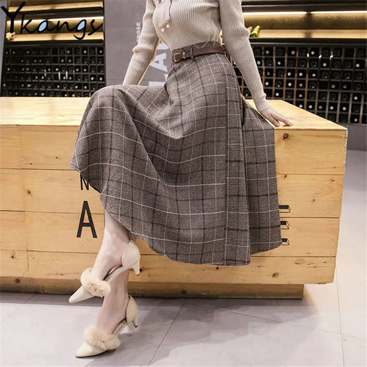 Autumn Winter Warm Vintage Plaid Midi Skirt Women Korean High-Waisted A-Line Skirt Temperament Umbrella Long Skirt With Belt