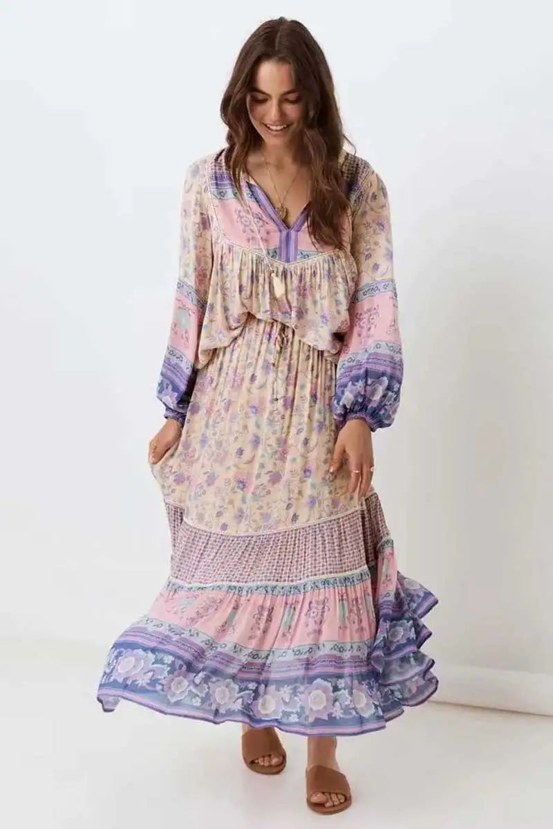 Super Chic pink floral boho blouse for women long sleeve V-neck tassle rayon womens tops and blouses bohemian women blouses